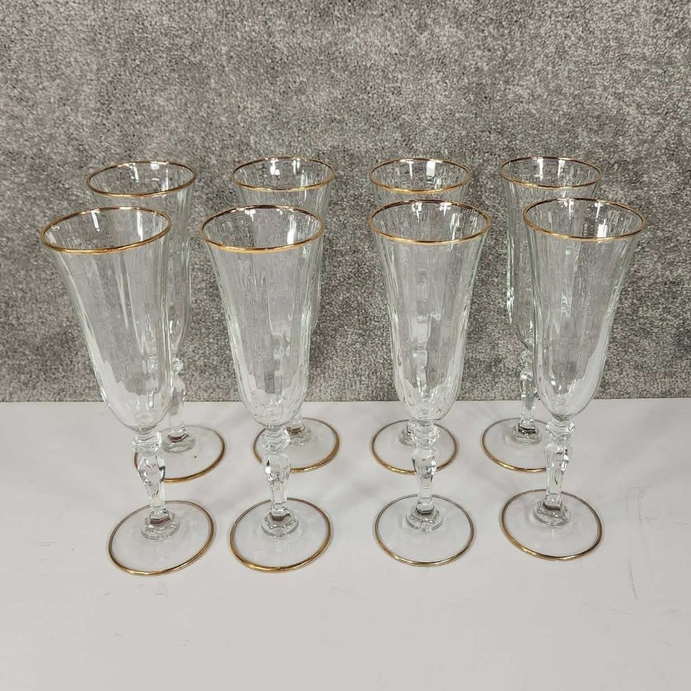 Champagne‎ Flutes Clear Gold Rim Optic Ribbed Set of 8